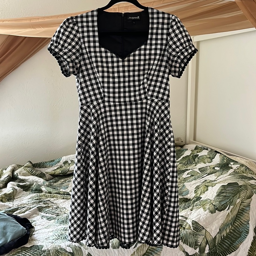 Sourpuss Gingham Puff Sleeve Sweetheart Neckline Dress
